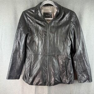 Vintage Guess Genuine Black Leather Jacket Full Zip Pockets Womens S Y2K‎ Goth